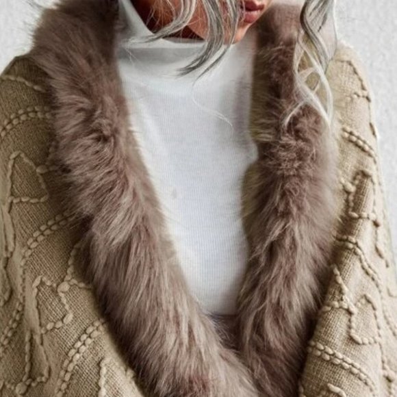 Faux fur Trim Textured Knit  Open front Sweater Cardigan Khaki - Picture 7 of 9